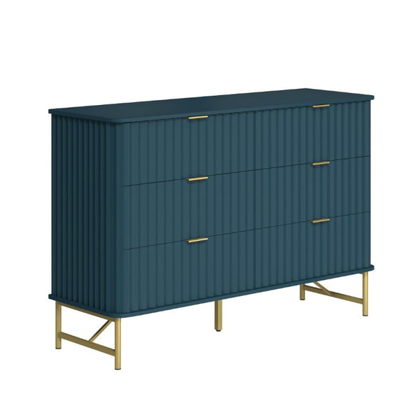 English Elm 3 Drawer Glam Accent Chest with Sculptural Panel Front Gold Hardware Bold Blue T3609P548691