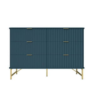 English Elm 3 Drawer Glam Accent Chest with Sculptural Panel Front Gold Hardware Bold Blue T3609P548691