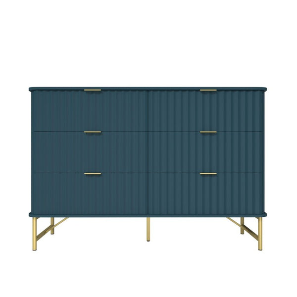 English Elm 3 Drawer Glam Accent Chest with Sculptural Panel Front Gold Hardware Bold Blue T3609P548691