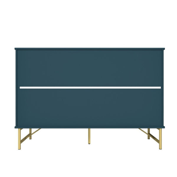 English Elm 3 Drawer Glam Accent Chest with Sculptural Panel Front Gold Hardware Bold Blue T3609P548691
