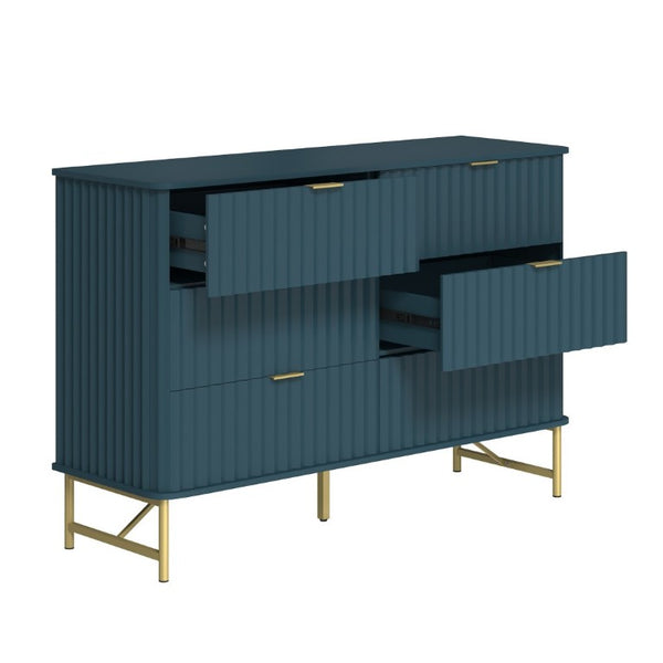 English Elm 3 Drawer Glam Accent Chest with Sculptural Panel Front Gold Hardware Bold Blue T3609P548691