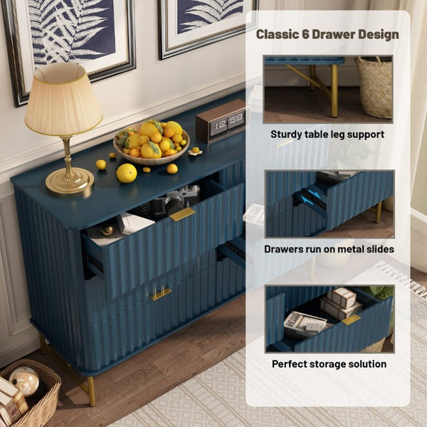 English Elm 3 Drawer Glam Accent Chest with Sculptural Panel Front Gold Hardware Bold Blue T3609P548691