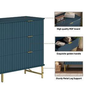 English Elm 3 Drawer Glam Accent Chest with Sculptural Panel Front Gold Hardware Bold Blue T3609P548691