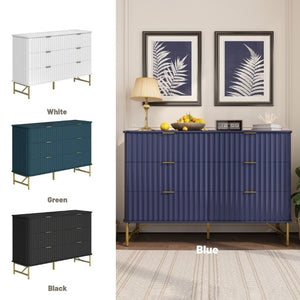 English Elm 3 Drawer Glam Accent Chest with Sculptural Panel Front Gold Hardware Bold Blue T3609P548691