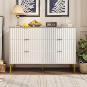 English Elm 3 Drawer White Chest with Gold Hardware and Geometric Sculptural Facade for Bedroom T3609P548692