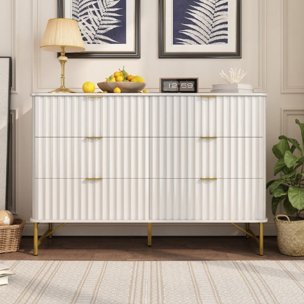 English Elm 3 Drawer White Chest with Gold Hardware and Geometric Sculptural Facade for Bedroom T3609P548692