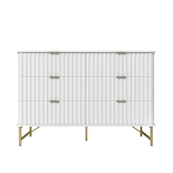 English Elm 3 Drawer White Chest with Gold Hardware and Geometric Sculptural Facade for Bedroom T3609P548692