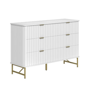 English Elm 3 Drawer White Chest with Gold Hardware and Geometric Sculptural Facade for Bedroom T3609P548692