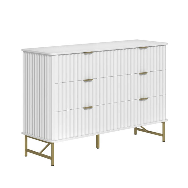 English Elm 3 Drawer White Chest with Gold Hardware and Geometric Sculptural Facade for Bedroom T3609P548692
