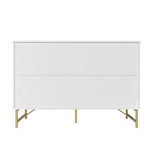 English Elm 3 Drawer White Chest with Gold Hardware and Geometric Sculptural Facade for Bedroom T3609P548692