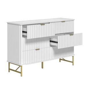 English Elm 3 Drawer White Chest with Gold Hardware and Geometric Sculptural Facade for Bedroom T3609P548692
