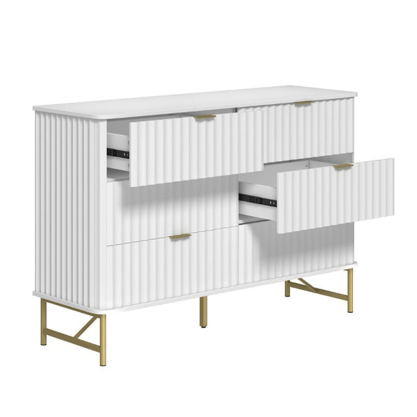 English Elm 3 Drawer White Chest with Gold Hardware and Geometric Sculptural Facade for Bedroom T3609P548692