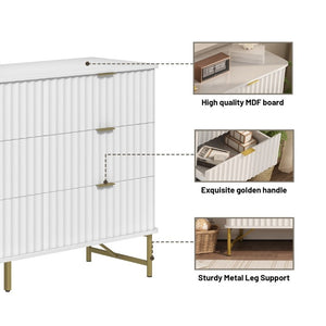 English Elm 3 Drawer White Chest with Gold Hardware and Geometric Sculptural Facade for Bedroom T3609P548692