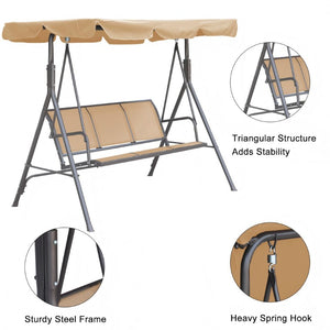 English Elm 3-Seater Outdoor Patio Swing Bench with Adjustable Canopy and Powder-Coated Steel Frame T3609P551908
