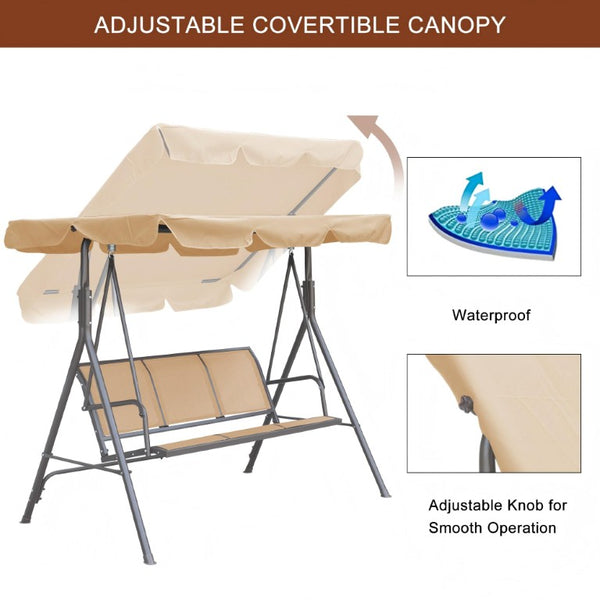 English Elm 3-Seater Outdoor Patio Swing Bench with Adjustable Canopy and Powder-Coated Steel Frame T3609P551908