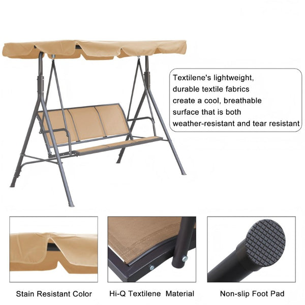 English Elm 3-Seater Outdoor Patio Swing Bench with Adjustable Canopy and Powder-Coated Steel Frame T3609P551908