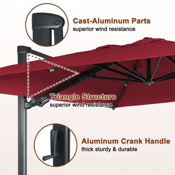English Elm 3*3M Roman Patio Umbrella Aluminum Frame UPF 50 LED Lights Tiltable Canopy Shade Deep Burgundy T3609P551909