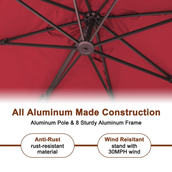English Elm 3*3M Roman Patio Umbrella Aluminum Frame UPF 50 LED Lights Tiltable Canopy Shade Deep Burgundy T3609P551909