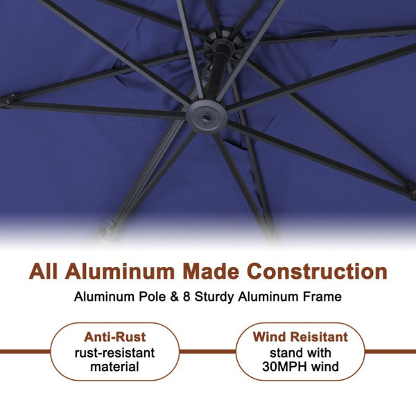 English Elm 3*3M Roman Patio Umbrella Aluminum Frame UPF 50 LED Lights Tiltable Canopy Shade Navy Blue T3609P551910