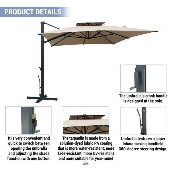 English Elm 3*3M Double Vent Patio Umbrella UPF 50 Plus Aluminum Frame One Click Shade Control T3609P551917