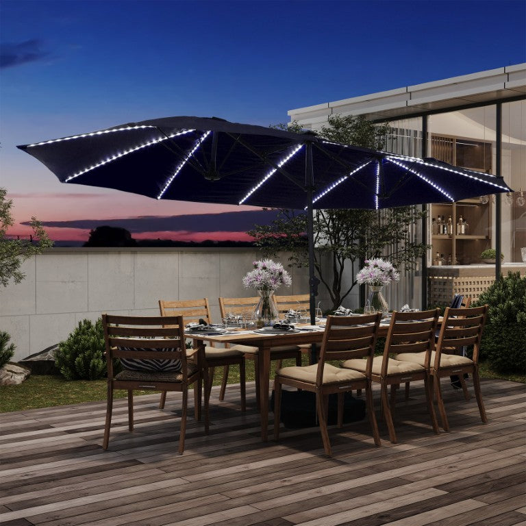 English Elm Patio Umbrella with LED Fiberglass Ribs Hand Crank Dual Canopy and Weighted Base T3609P551921