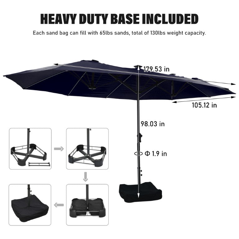 English Elm Patio Umbrella with LED Fiberglass Ribs Hand Crank Dual Canopy and Weighted Base T3609P551921