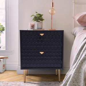 English Elm Side Table with Honeycomb Relief Drawers and Gold Tapered Legs for Bedroom Decor T3609P574850