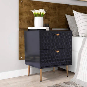 English Elm Side Table with Honeycomb Relief Drawers and Gold Tapered Legs for Bedroom Decor T3609P574850