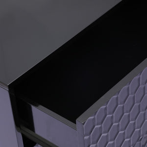 English Elm Side Table with Honeycomb Relief Drawers and Gold Tapered Legs for Bedroom Decor T3609P574850