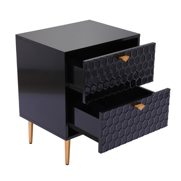 English Elm Side Table with Honeycomb Relief Drawers and Gold Tapered Legs for Bedroom Decor T3609P574850