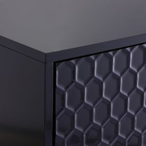 English Elm Side Table with Honeycomb Relief Drawers and Gold Tapered Legs for Bedroom Decor T3609P574850