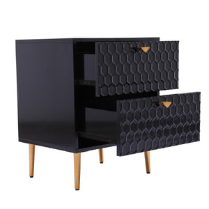 English Elm Side Table with Honeycomb Relief Drawers and Gold Tapered Legs for Bedroom Decor T3609P574850