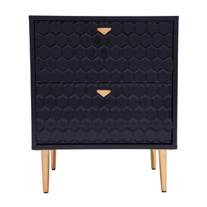 English Elm Side Table with Honeycomb Relief Drawers and Gold Tapered Legs for Bedroom Decor T3609P574850