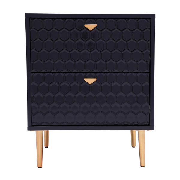 English Elm Side Table with Honeycomb Relief Drawers and Gold Tapered Legs for Bedroom Decor T3609P574850