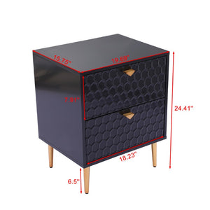 English Elm Side Table with Honeycomb Relief Drawers and Gold Tapered Legs for Bedroom Decor T3609P574850