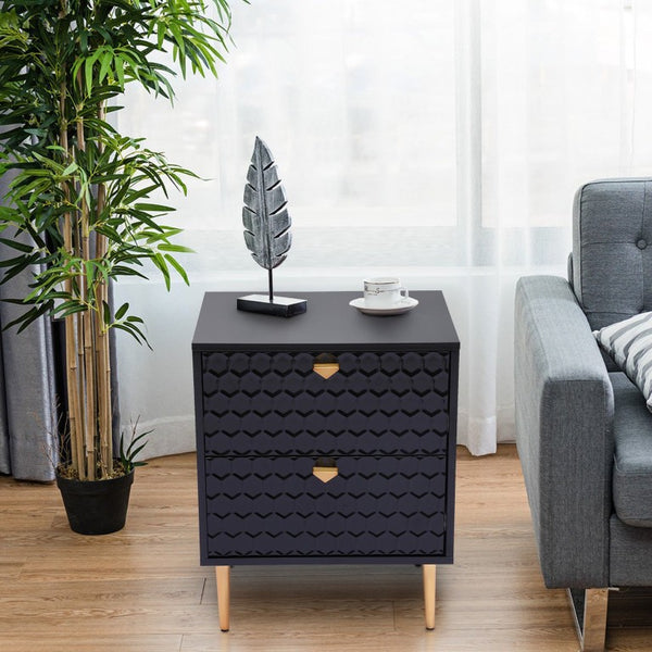 English Elm Side Table with Honeycomb Relief Drawers and Gold Tapered Legs for Bedroom Decor T3609P574850
