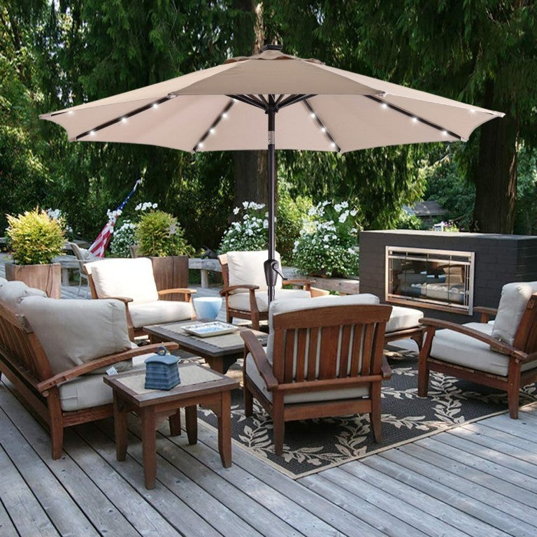 English Elm 9Ft Solar Powered Patio Umbrella with 32 LED Lights Aluminum Frame Outdoor Shade T3609P575063