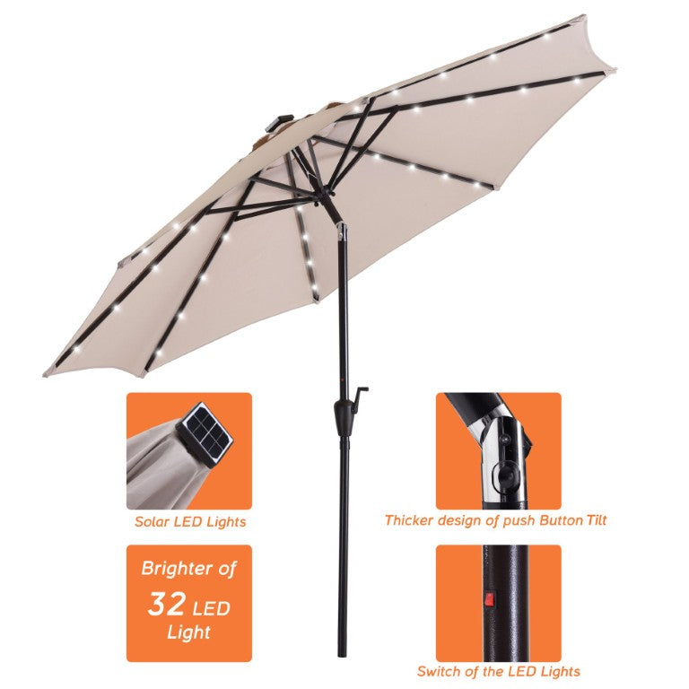 English Elm 9Ft Solar Powered Patio Umbrella with 32 LED Lights Aluminum Frame Outdoor Shade T3609P575063