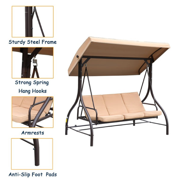 English Elm 3-Person Outdoor Swing Glider with Rotating Canopy and Convertible Flatbed Lounge Seat T3609P575066