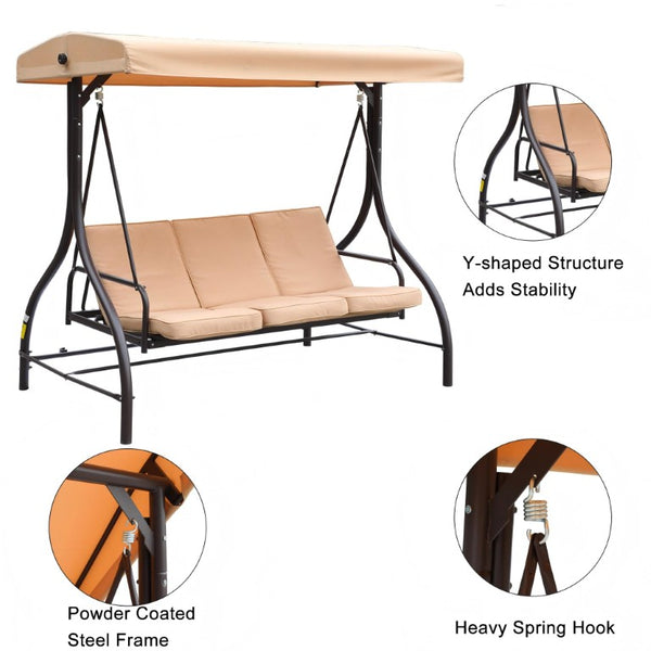 English Elm 3-Person Outdoor Swing Glider with Rotating Canopy and Convertible Flatbed Lounge Seat T3609P575066
