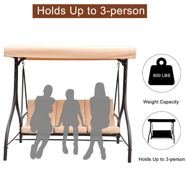 English Elm 3-Person Outdoor Swing Glider with Rotating Canopy and Convertible Flatbed Lounge Seat T3609P575066
