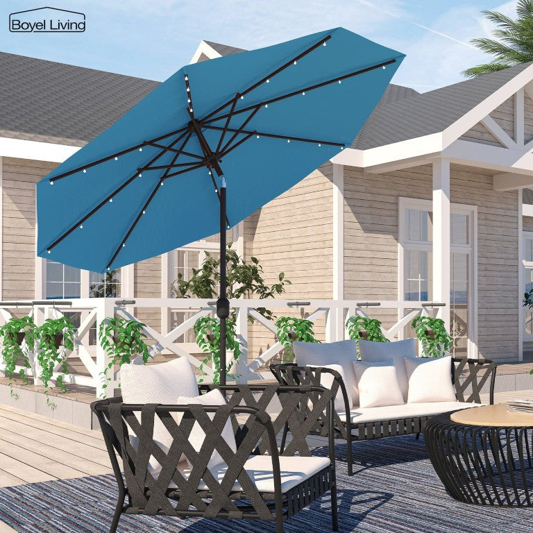 English Elm 9Ft Solar LED Outdoor Market Umbrella with Crank Tilt and Aluminum Frame for Patio T3609P580159
