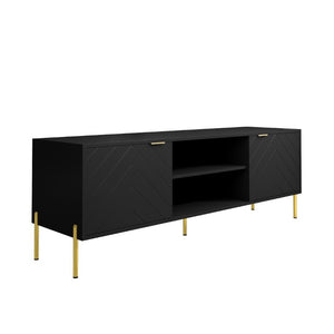 English Elm Mid-Century Modern TV Stand with Fishbone Panels Gold Hardware and RGB Lighting T3609S00002