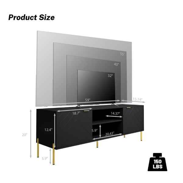English Elm Mid-Century Modern TV Stand with Fishbone Panels Gold Hardware and RGB Lighting T3609S00002