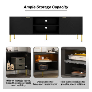 English Elm Mid-Century Modern TV Stand with Fishbone Panels Gold Hardware and RGB Lighting T3609S00002