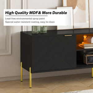 English Elm Mid-Century Modern TV Stand with Fishbone Panels Gold Hardware and RGB Lighting T3609S00002