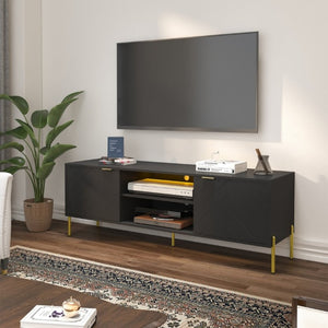 English Elm Mid-Century Modern TV Stand with Fishbone Panels Gold Hardware and RGB Lighting T3609S00002