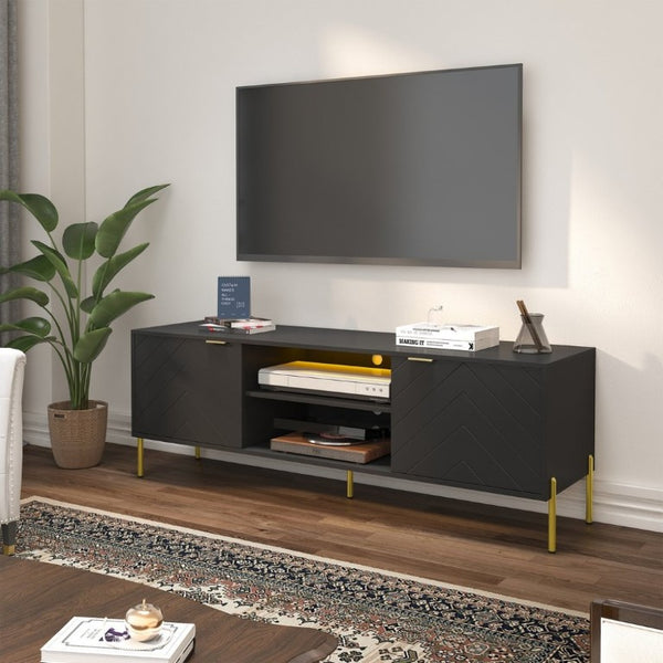 English Elm Mid-Century Modern TV Stand with Fishbone Panels Gold Hardware and RGB Lighting T3609S00002