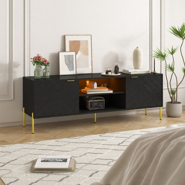 English Elm Mid-Century Modern TV Stand with Fishbone Panels Gold Hardware and RGB Lighting T3609S00002