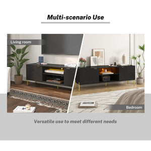 English Elm Mid-Century Modern TV Stand with Fishbone Panels Gold Hardware and RGB Lighting T3609S00002